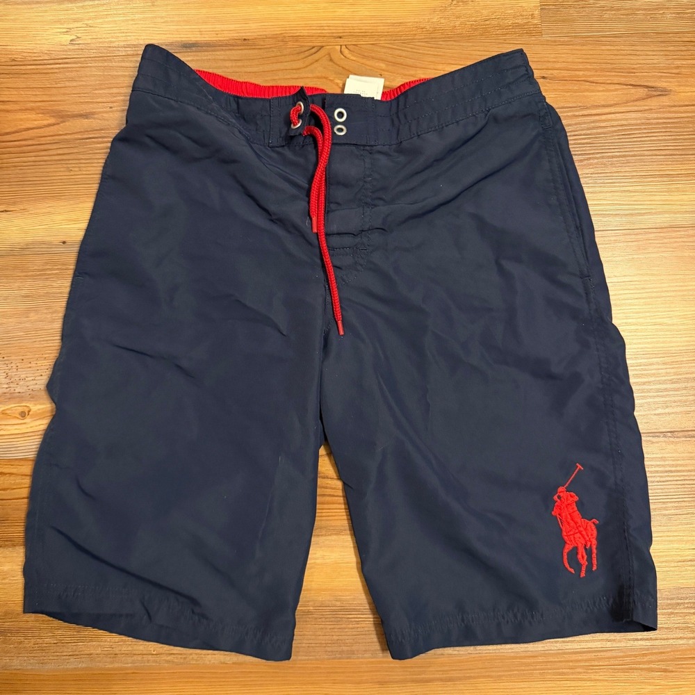Polo Ralph Lauren Kids Navy Blue Red Big Pony Swim Trunks Shorts Size L 14-16